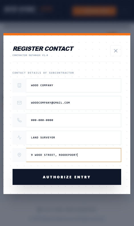 Site Sync register contact screen for adding contractor or company details