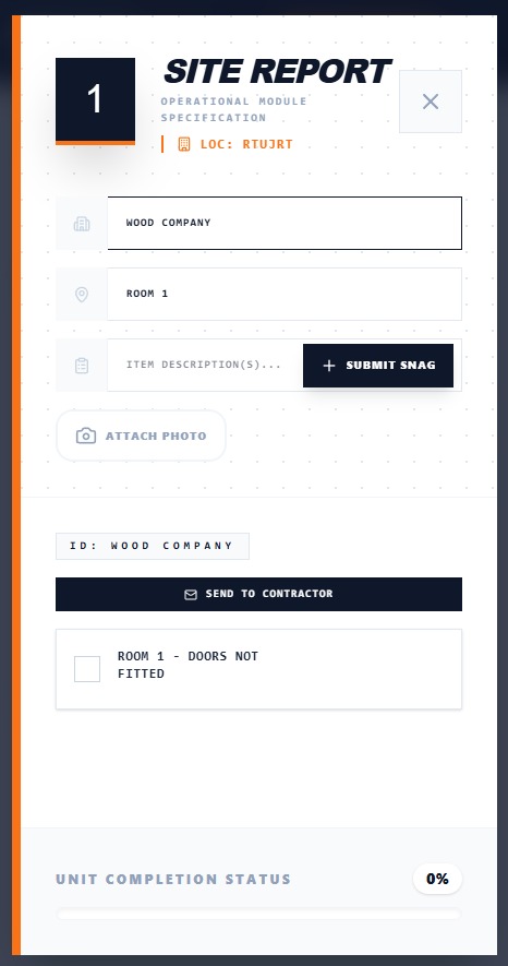 Site Sync screen for sending a completed snag report to a contractor
