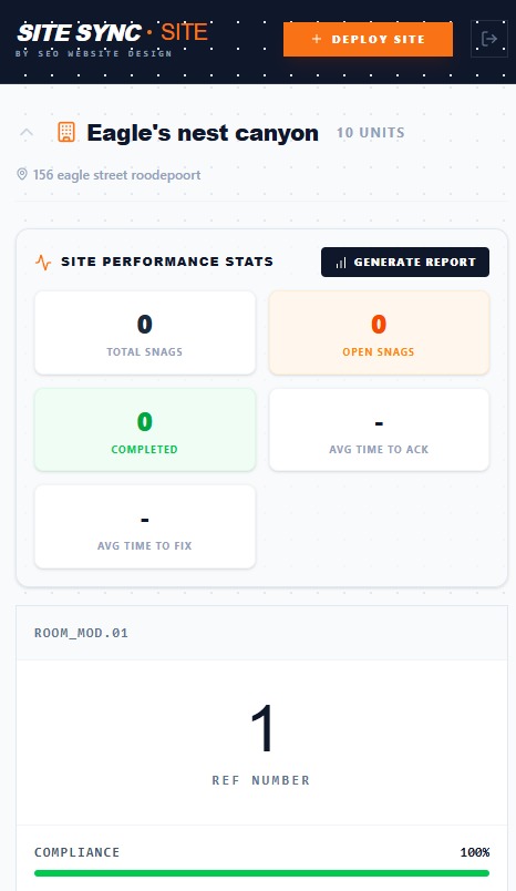 Site Sync site performance statistics showing house completion progress
